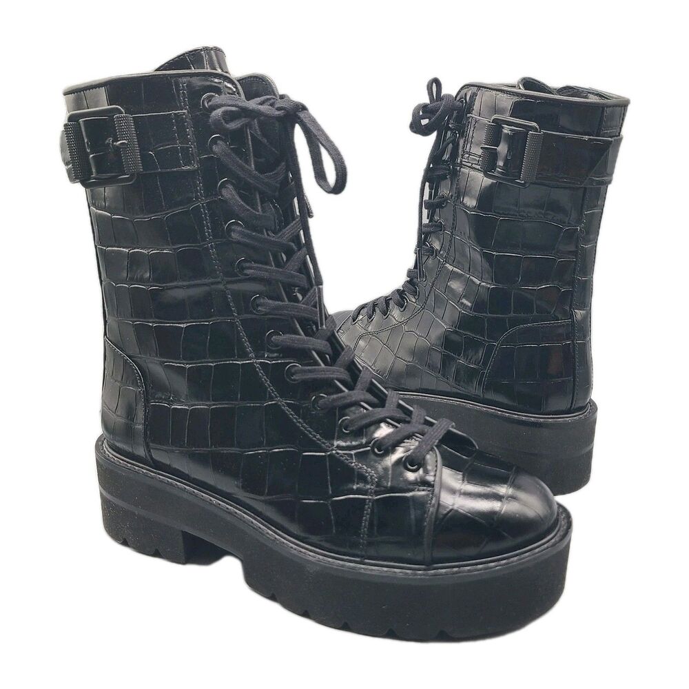 Stuart Weitzman sz 7 boots Ryder black croc Leather Combat Lace-up Platform NEW